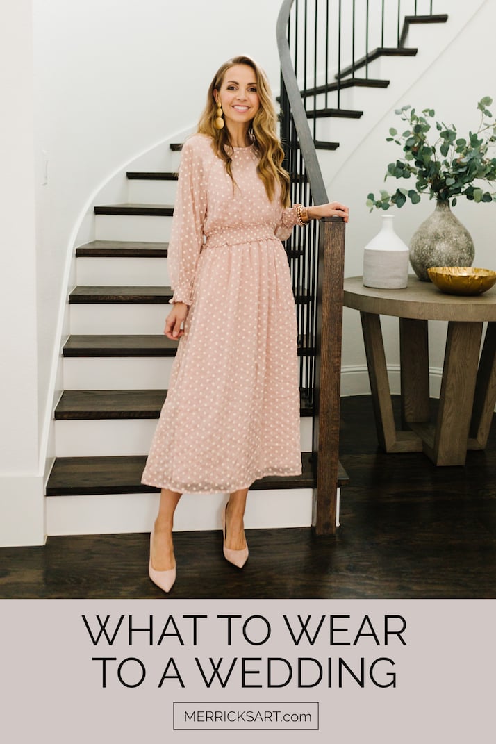 blush lulus dress with polka dots curved staircase