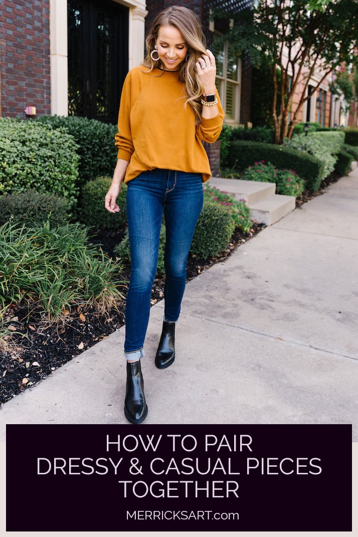 brown sweatshirt with dark jeans and black boots