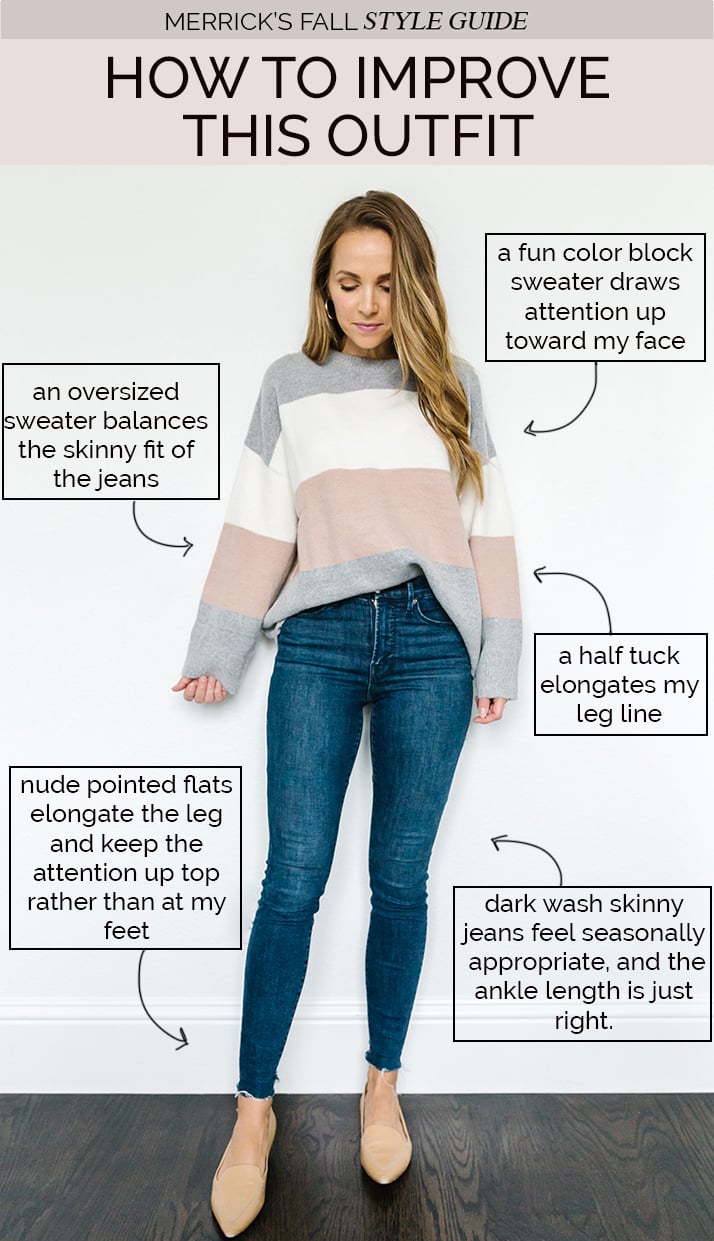 styling jeans for fall - dark wash jeans and color block sweater