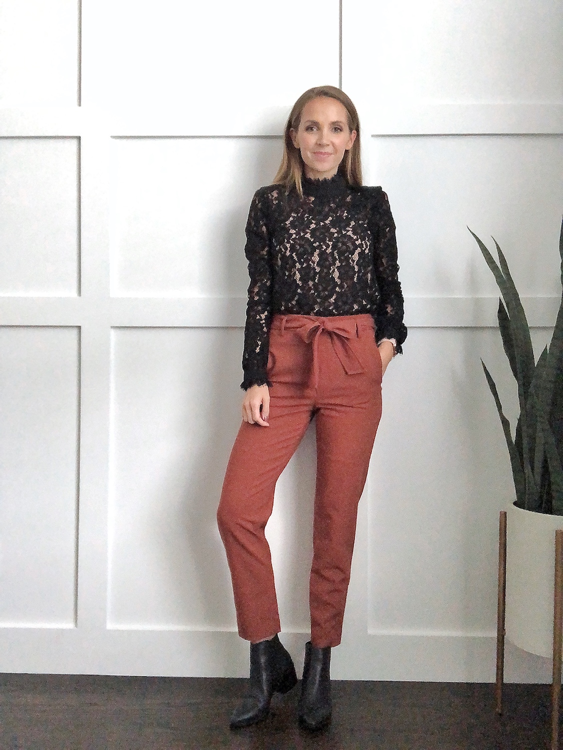 black bootie outfits: black lace top with tie waist pants