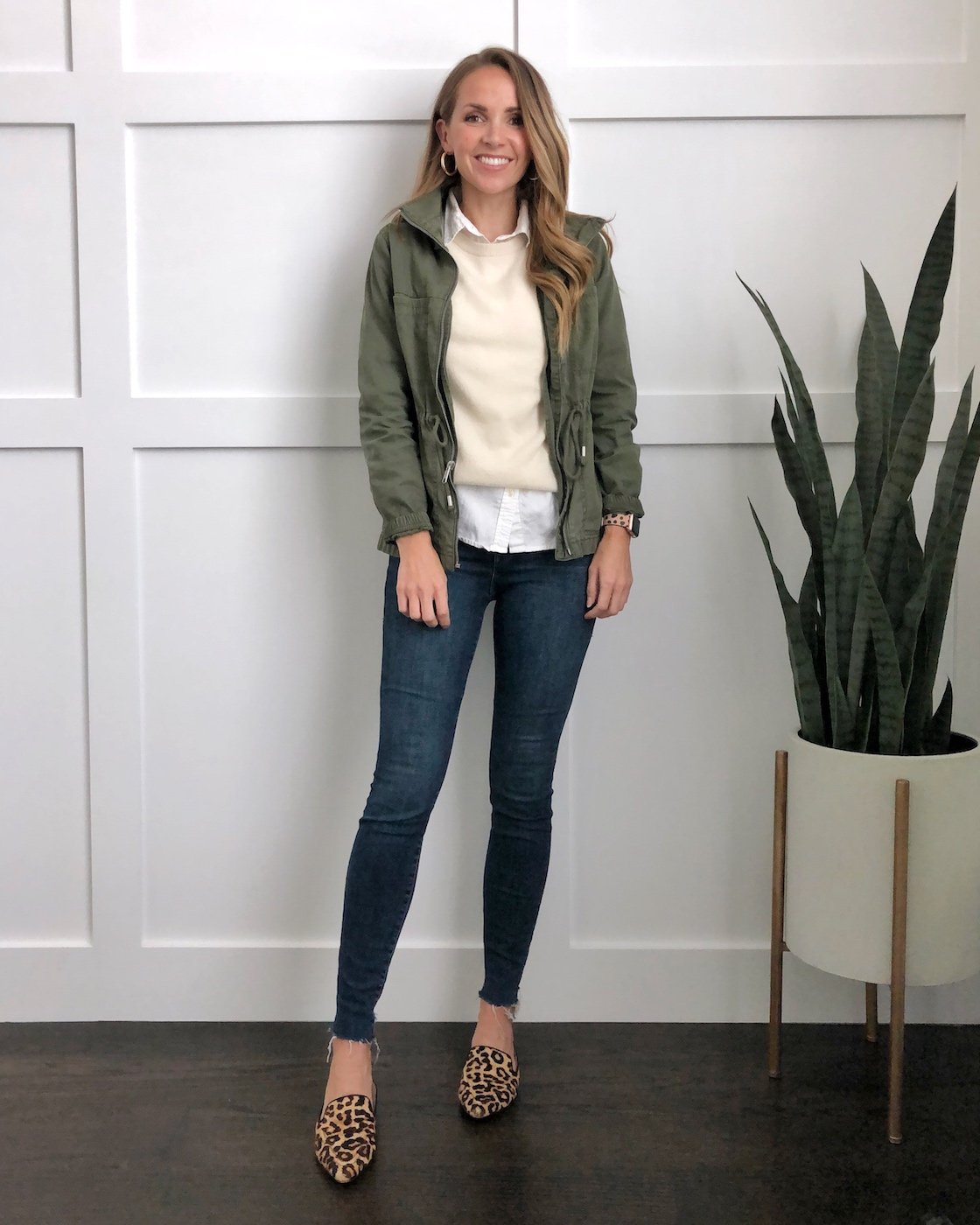 Layering shirts: Layer your olive jacket with a sweater and loafers