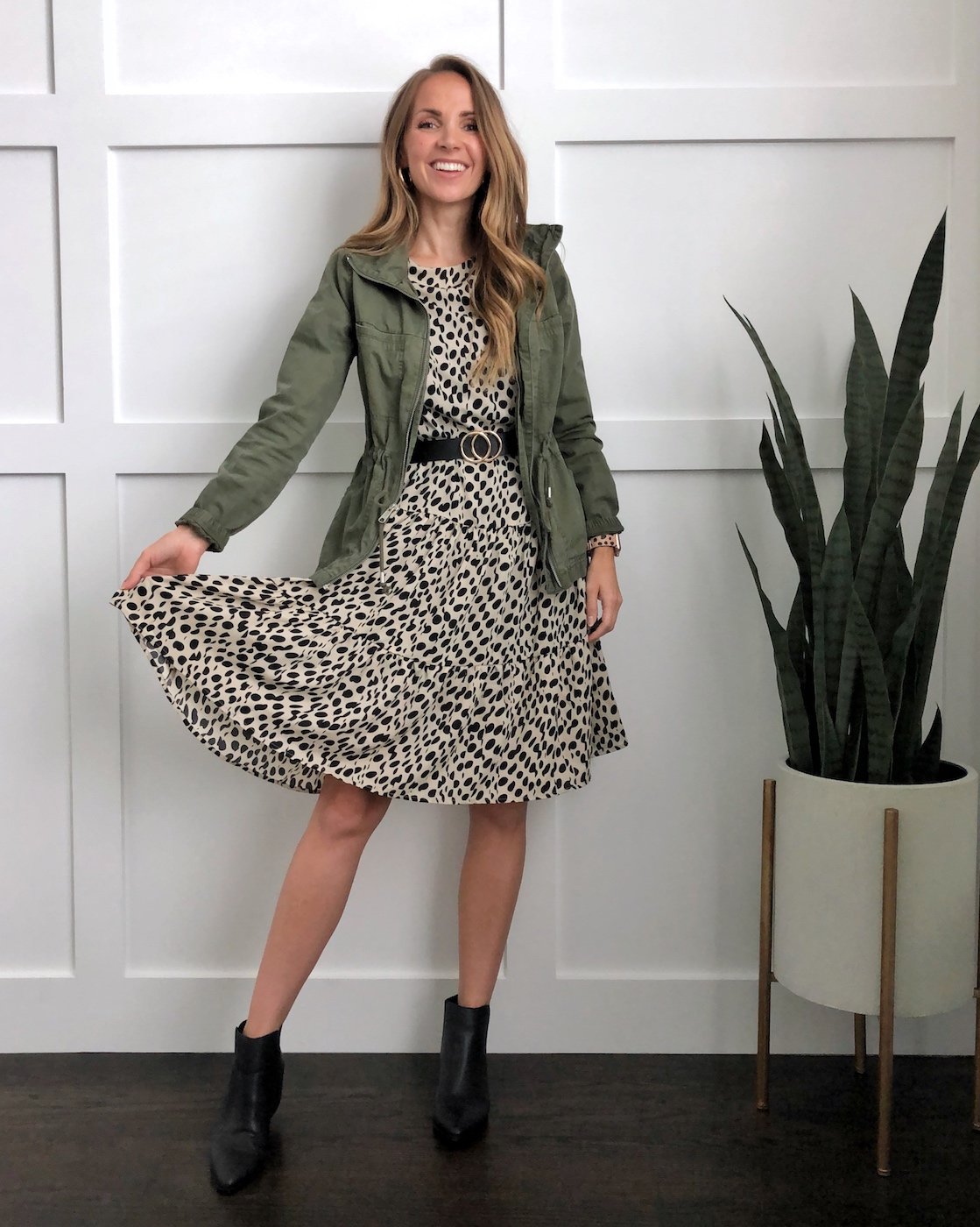 olive jacket with leopard dress