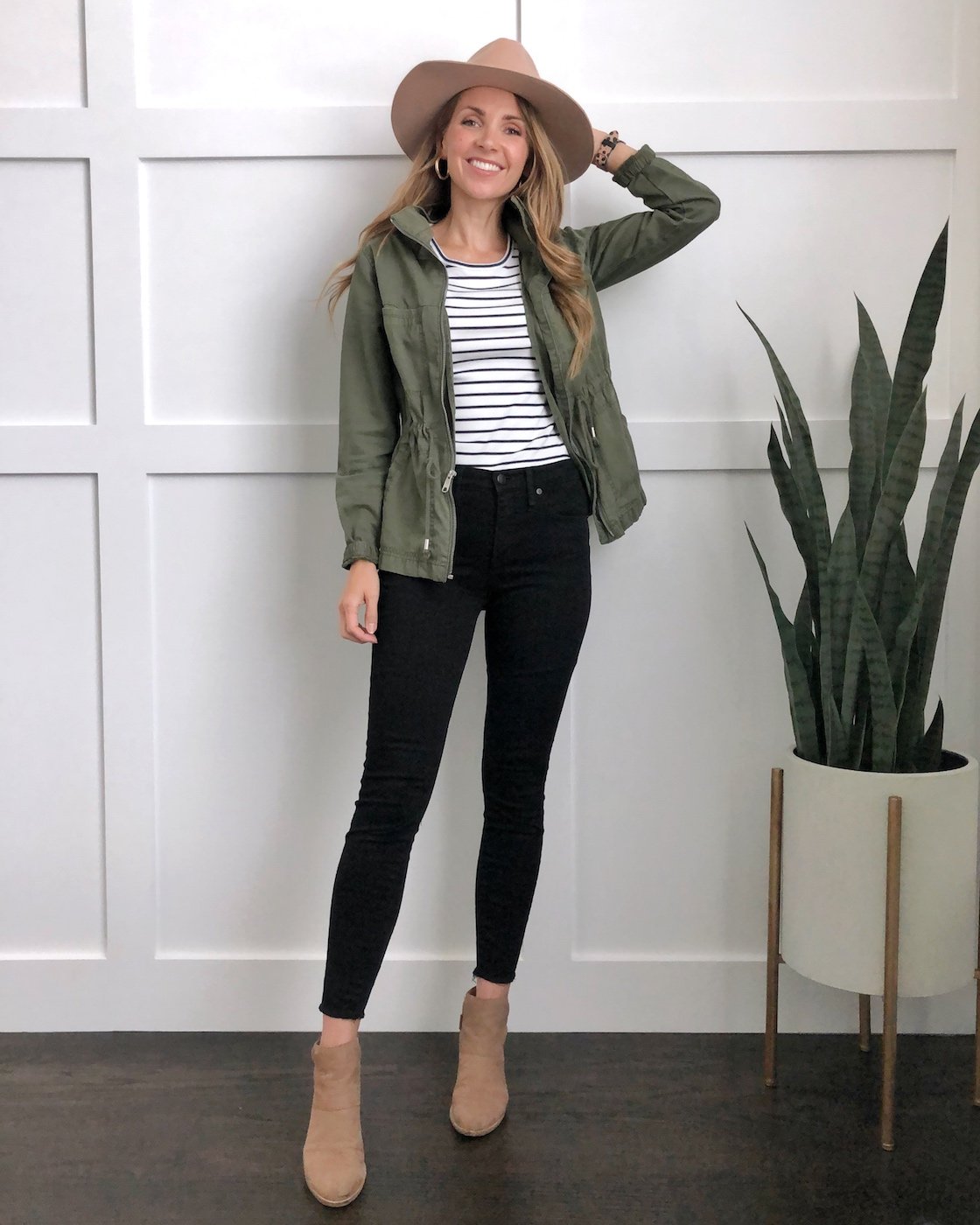 olive jacket with striped tee and ankle boots