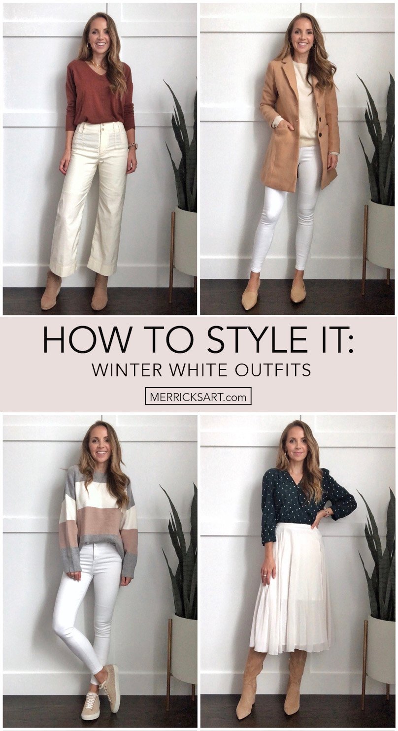 winter white outfits - collage of winter outfits with white pants