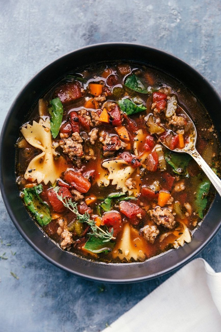 Pasta soup with bowtie noodles and sausage