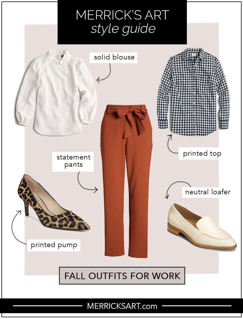 collage of outfits for work with copper pants
