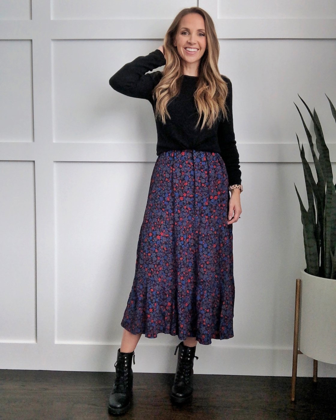 How to wear a midi dress combat boots and sweater