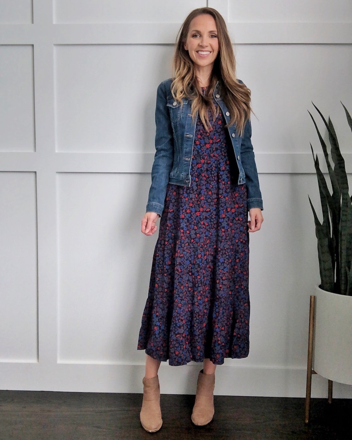 how to wear a midi dress denim jacket and ankle boots