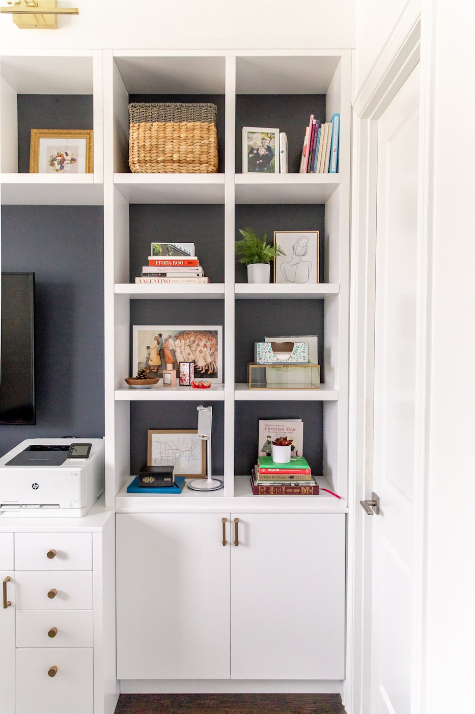 home office bookshelves white with gray wall