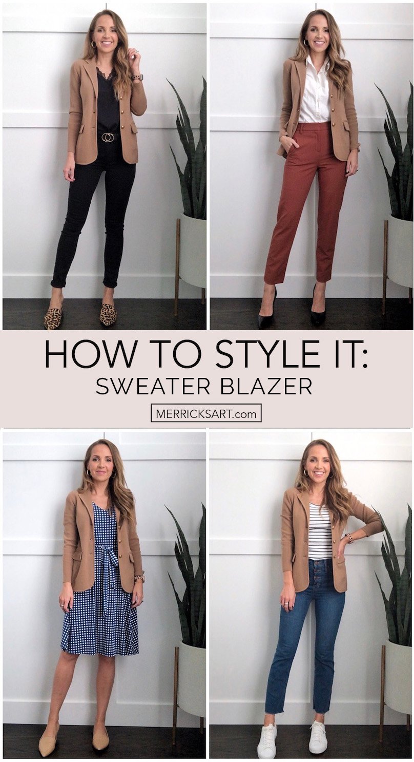 collage of sweater blazer outfits