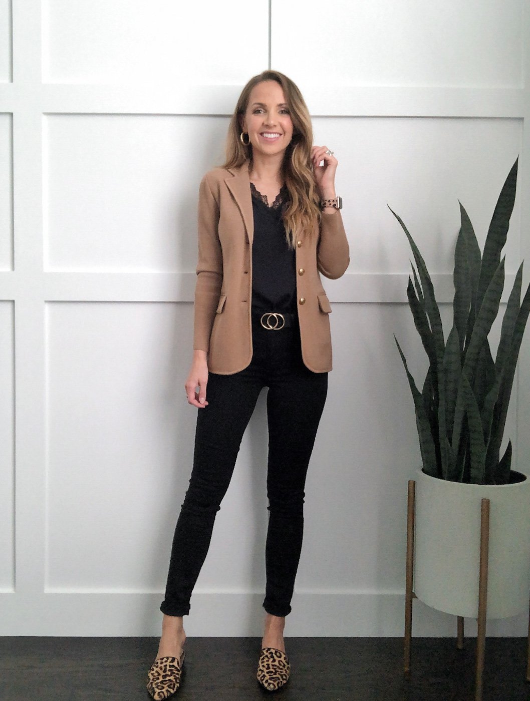 sweater blazer outfit with black jeans and black lace top