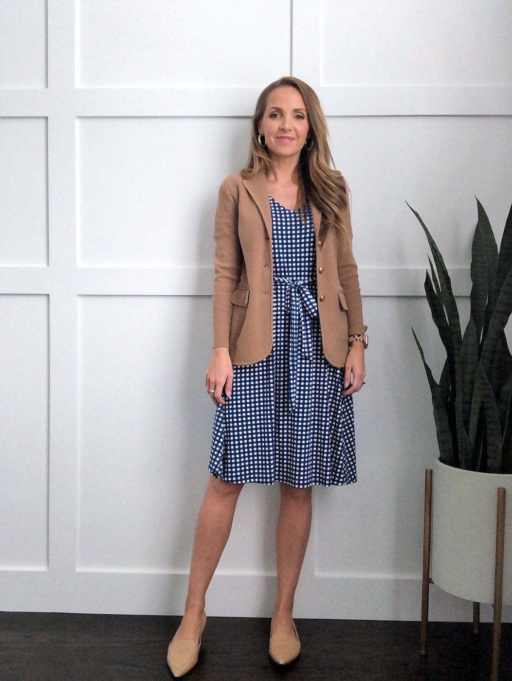 sweater blazer with gingham dress and nude pointed flats