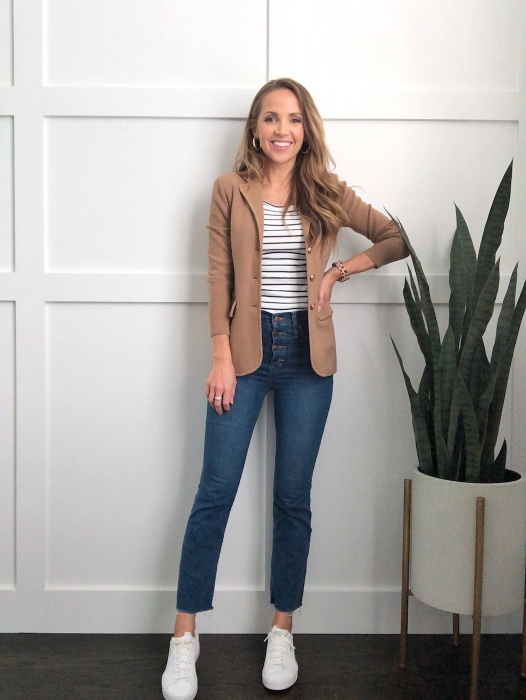 sweater blazer with striped tee and cropped jeans