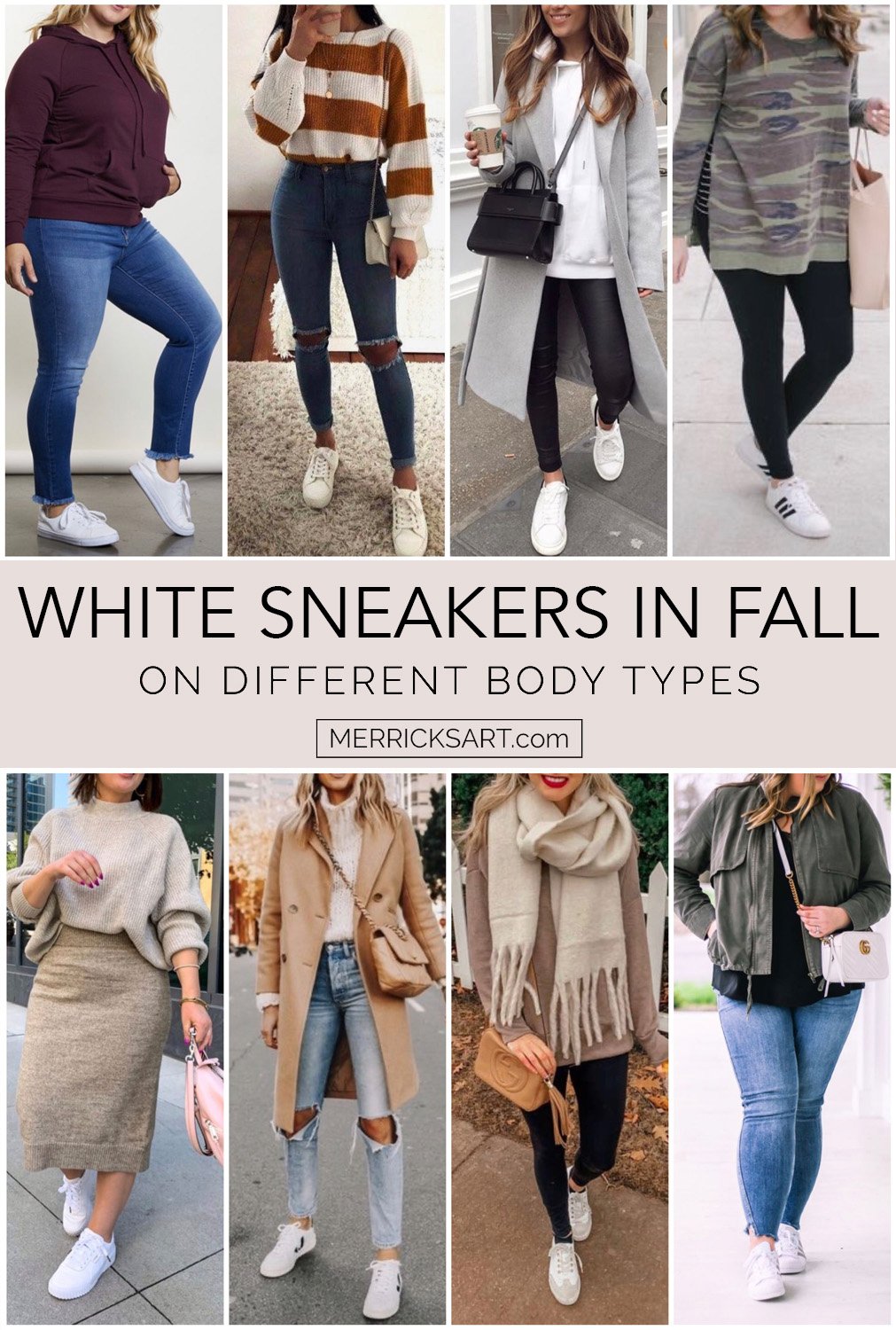 white sneakers in fall outfits on different body types collage