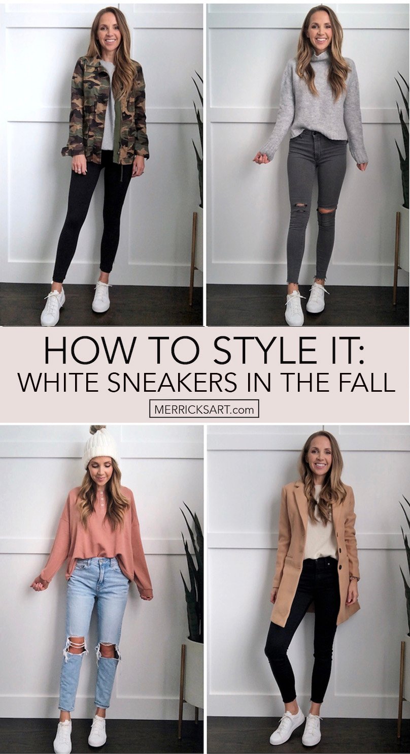 how to wear white sneakers in the fall collage
