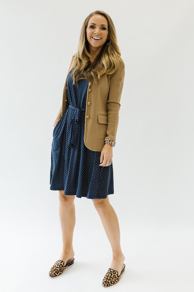 Merrick White navy polka dot dress with tan blazer