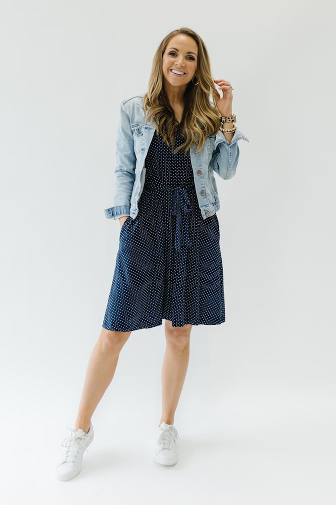 Merrick White dress with denim jacket and white sneakers