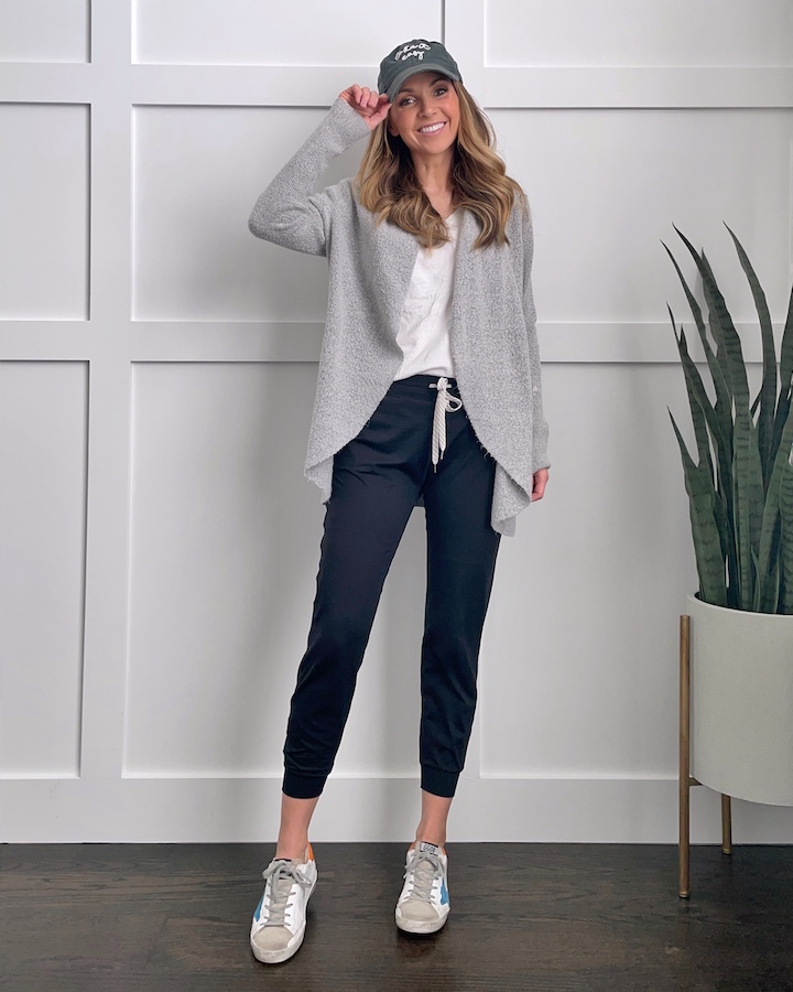 baseball cap with cardigan and joggers