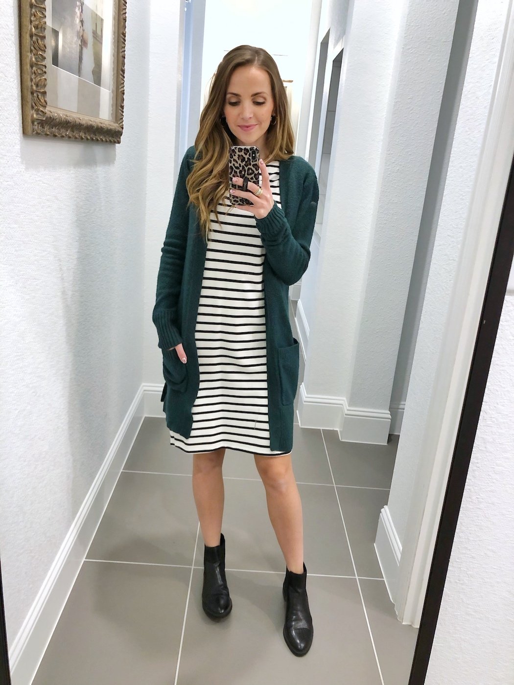 how to wear a cardigan with a dress and boots
