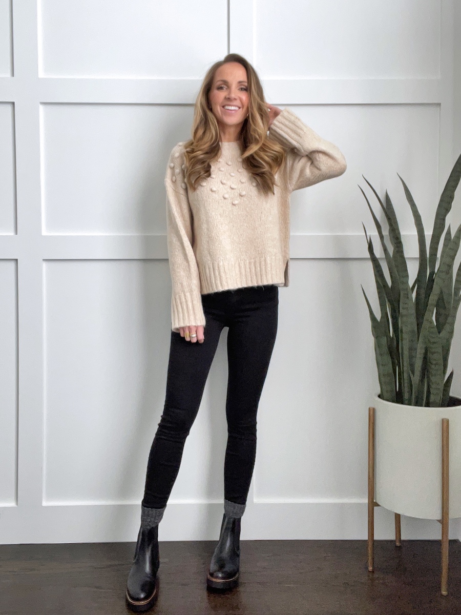 sweater with black jeans and black chelsea boots outfit