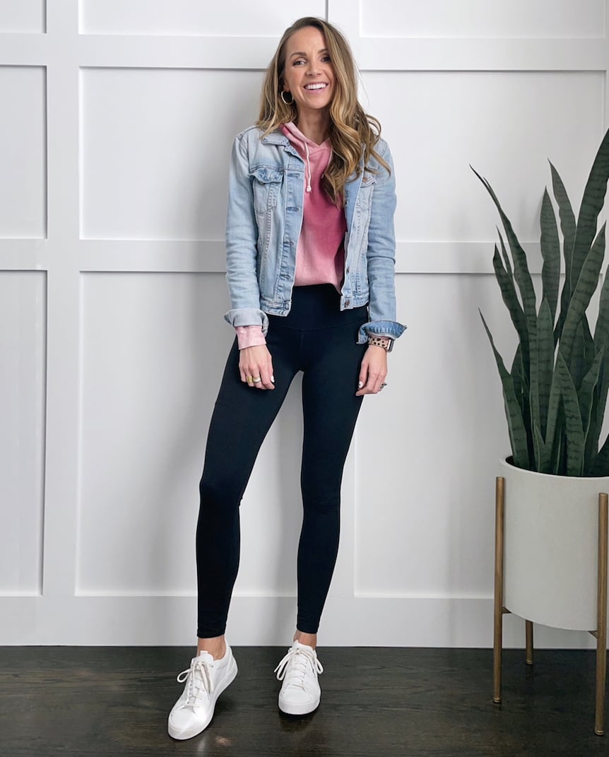 black leggings and hoodie with denim jacket