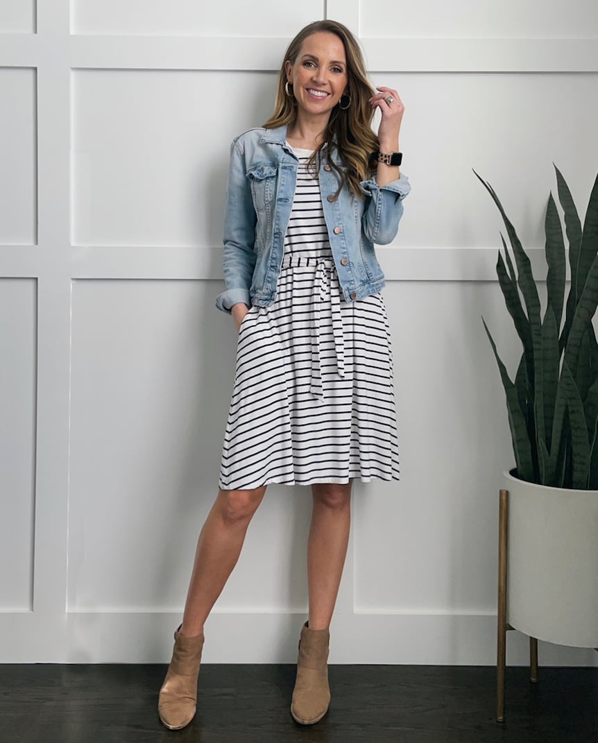 denim jacket with striped dress