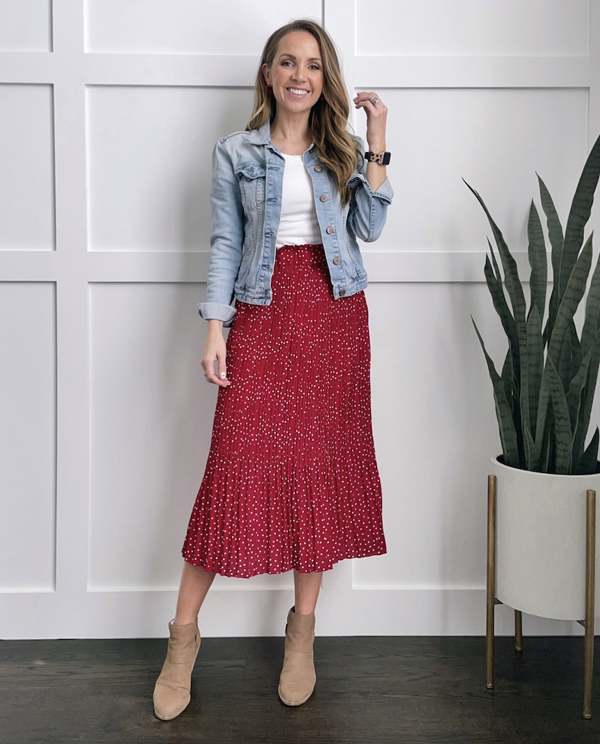 denim jacket red skirt