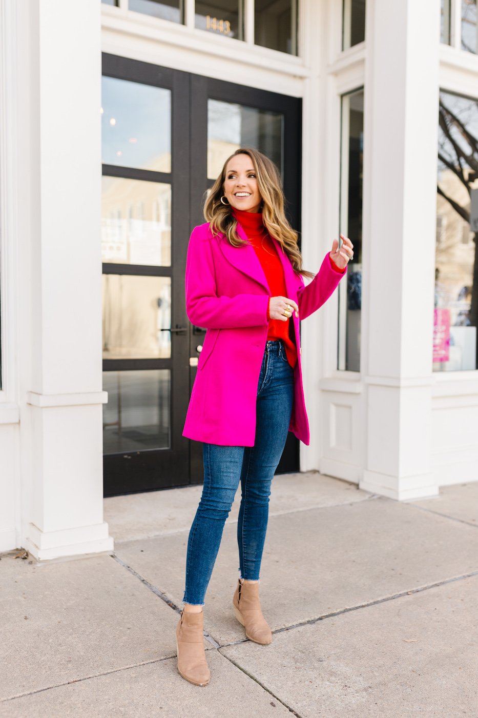 red and fuchsia coat
