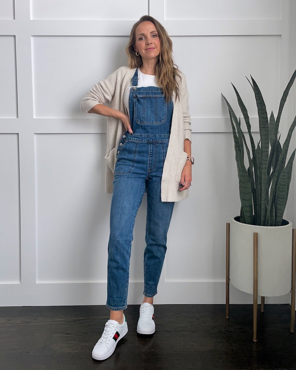 overalls with a cardigan