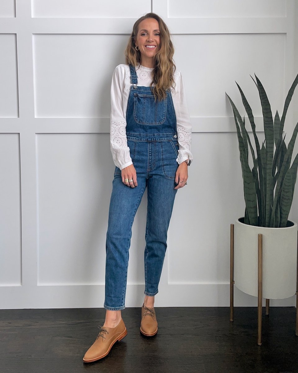 overalls with white eyelet shirt