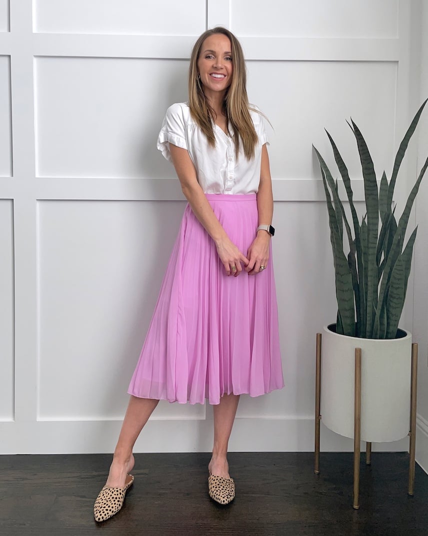 pink skirt lilac midi skirt with white blouse