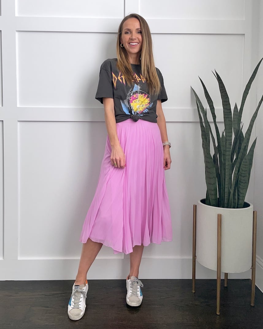 graphic tee with pleated midi skirt