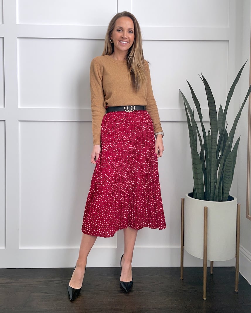 red midi pleated skirt outfit