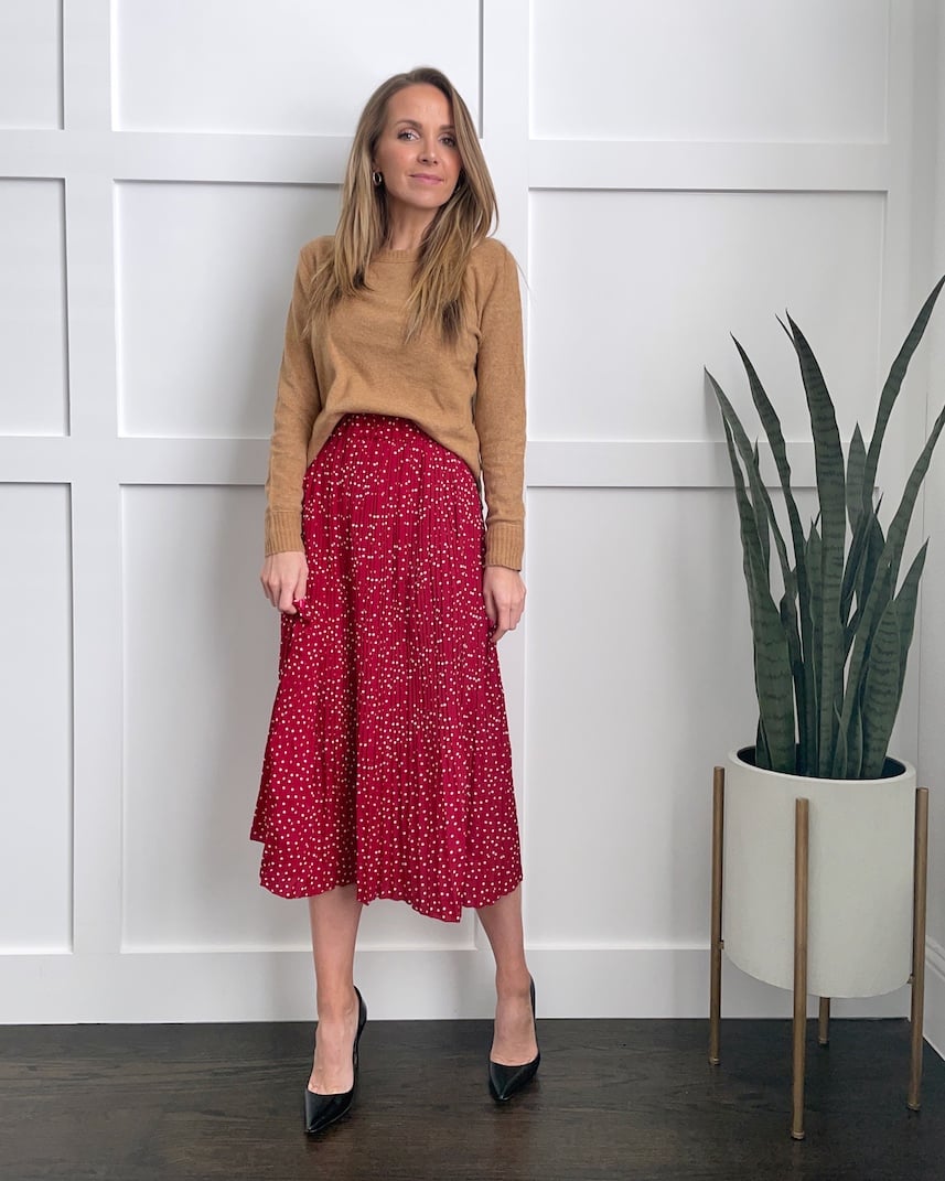red midi skirt tan sweater