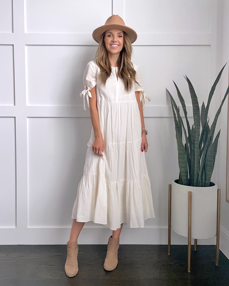 white maxi dress fedora hat