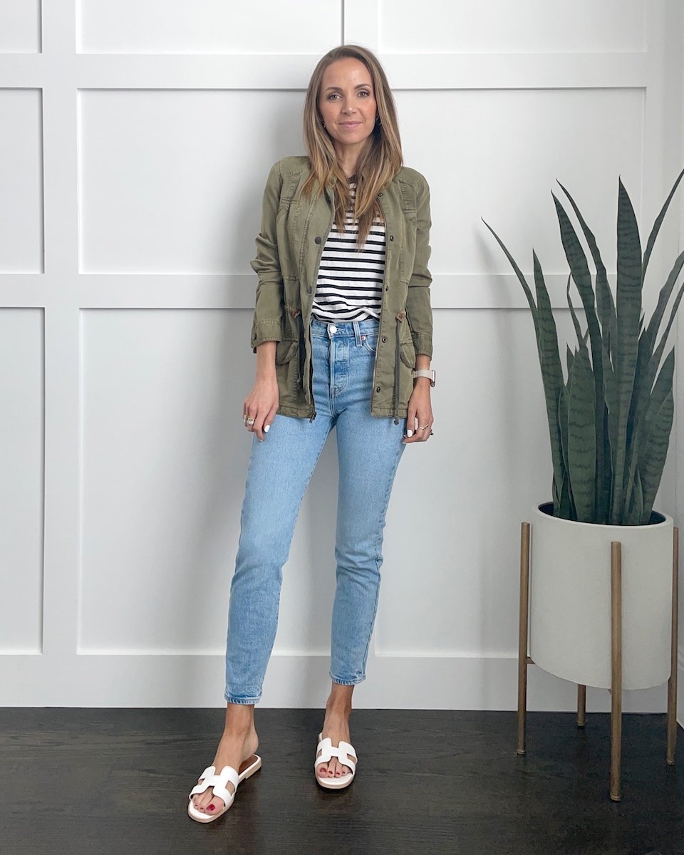 striped tees with light wash jeans and olive jacket