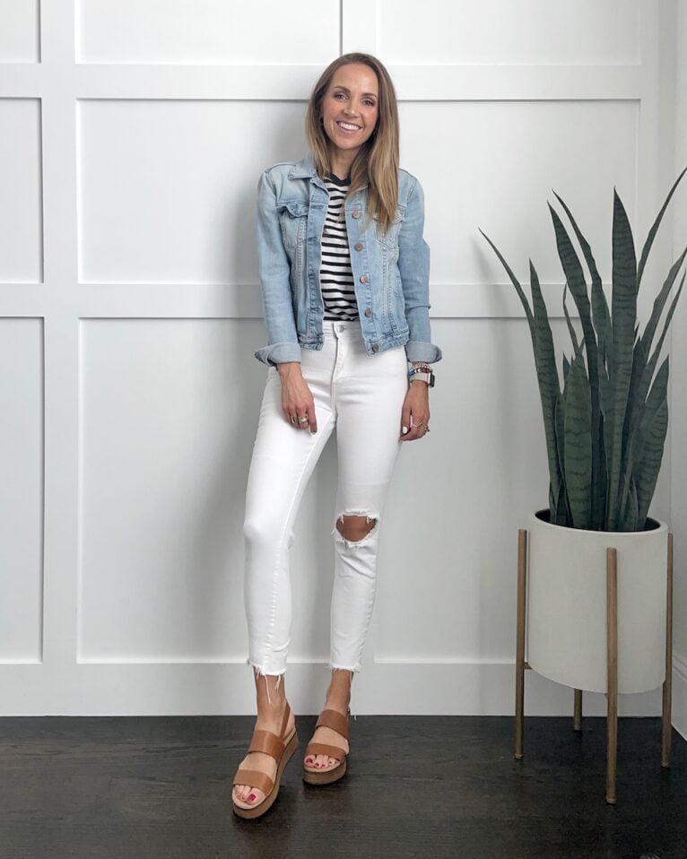 striped tees with white jeans and denim jackets