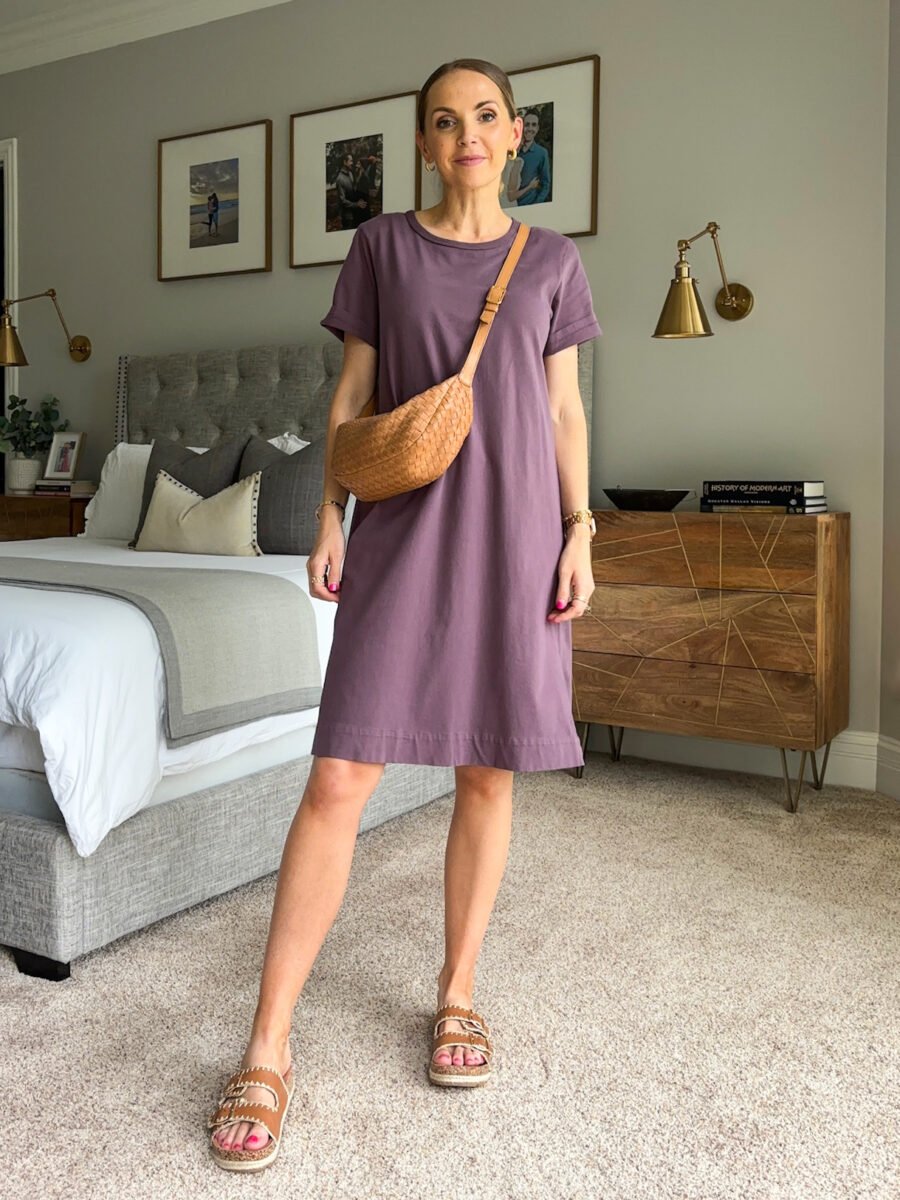 American Giant tshirt dress, boden sandals, madewell woven bag
