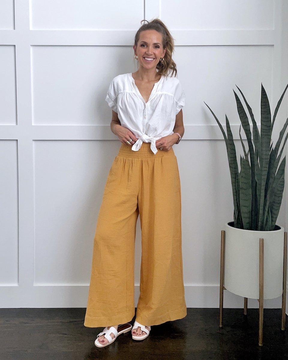 wide leg pants with white tie front shirt