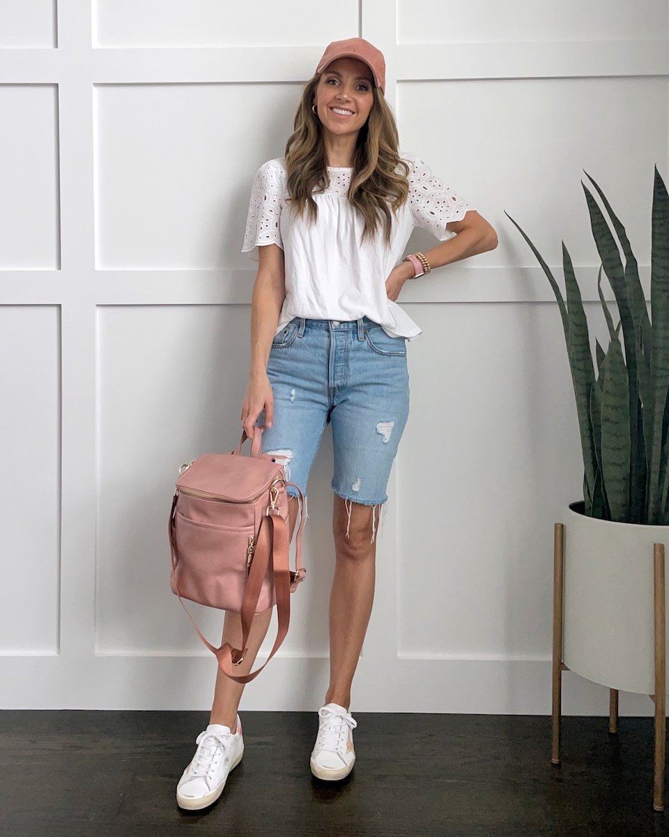 bermuda shorts with white blouse