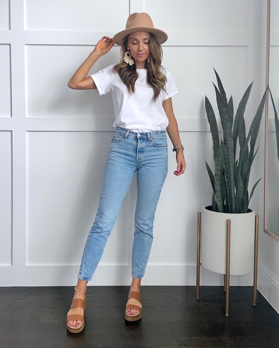 WHITE TEE AND JEANS OUTFIT STATEMENT EARRINGS
