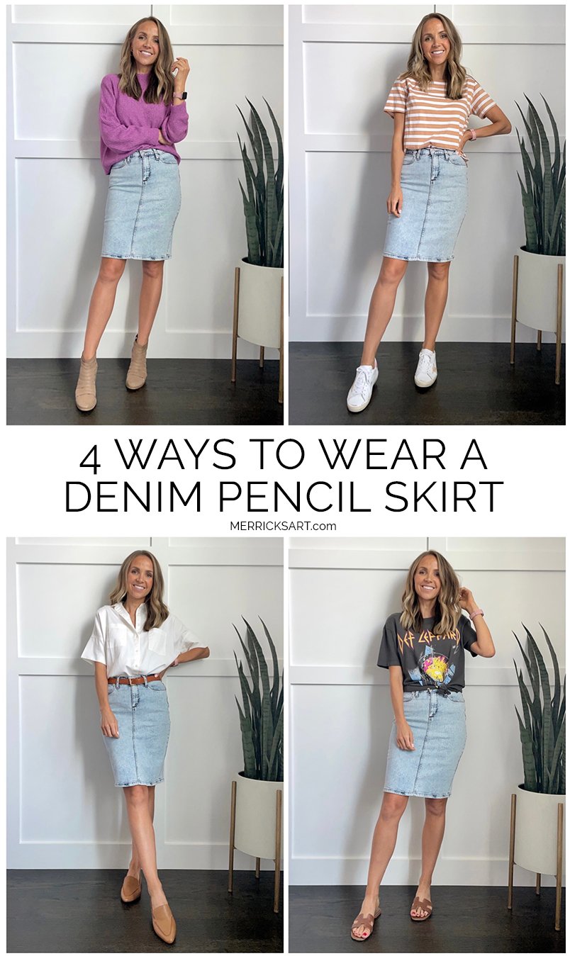 denim pencil skirt outfits