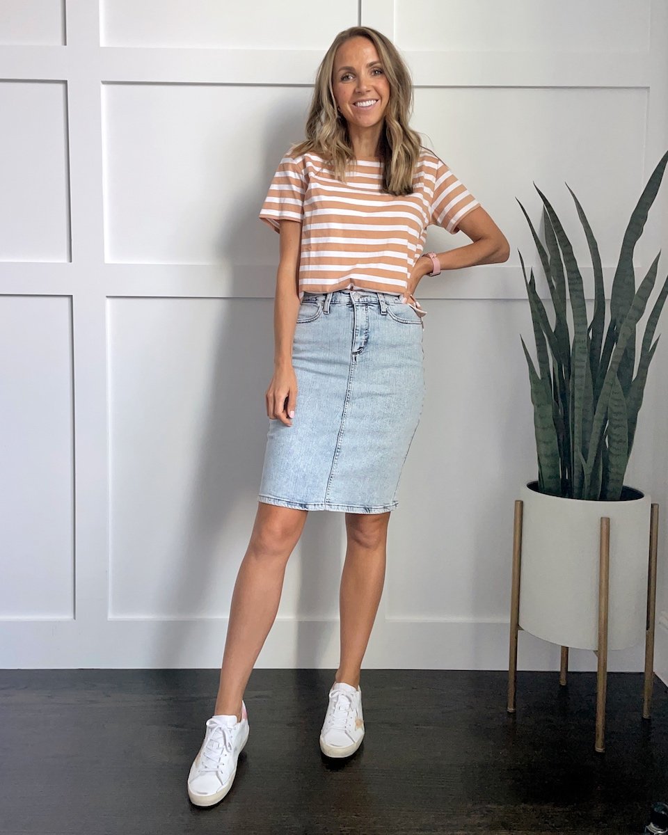 Denim skirt with tee and sneakers