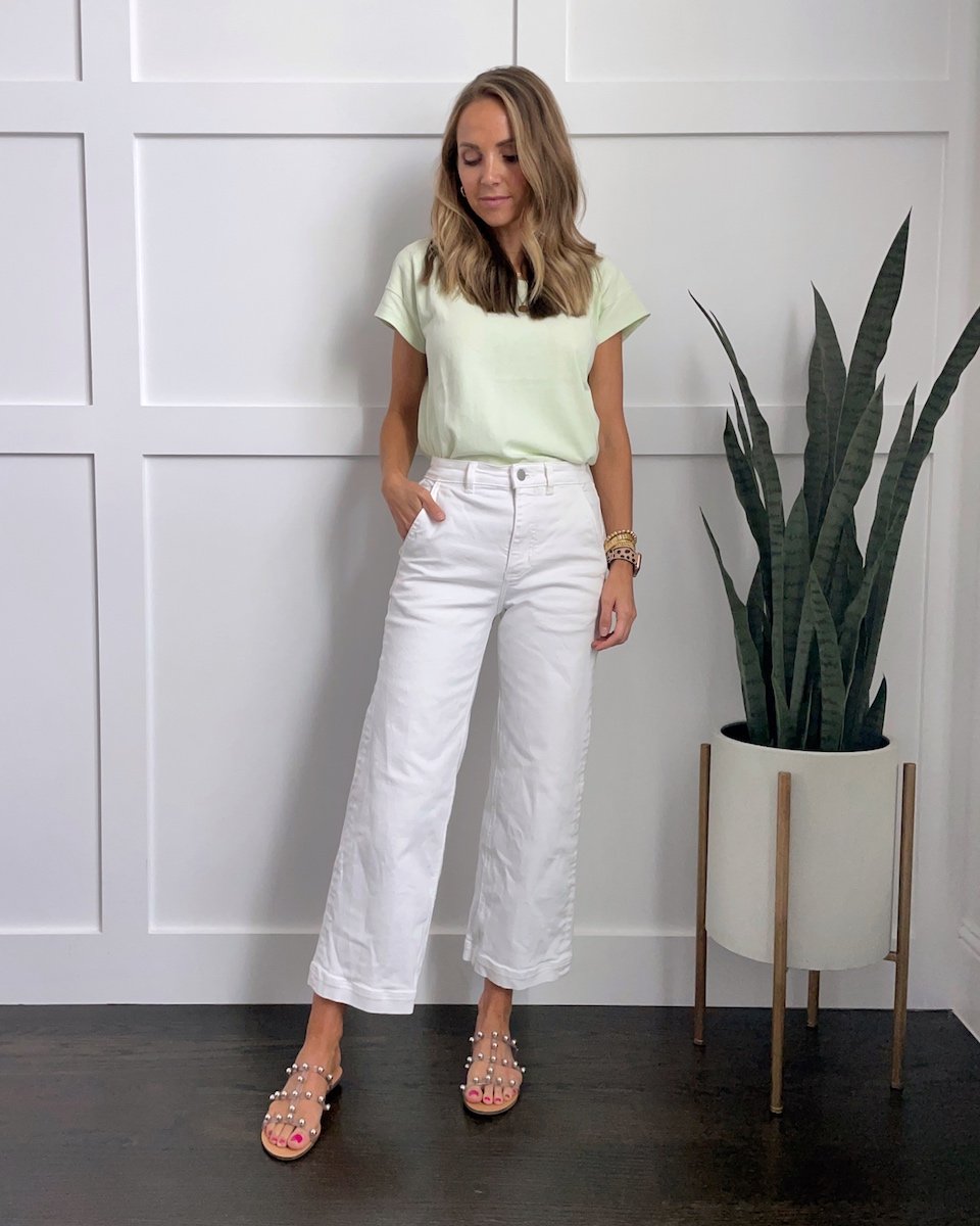 studded sandals with light green top