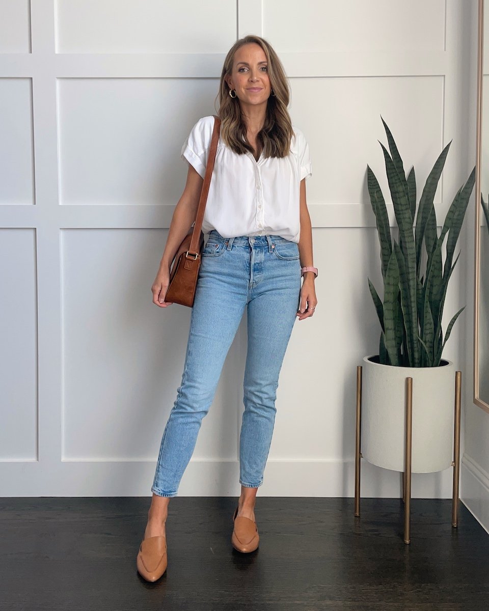 madewell loafers with white blouse and light wash jeans