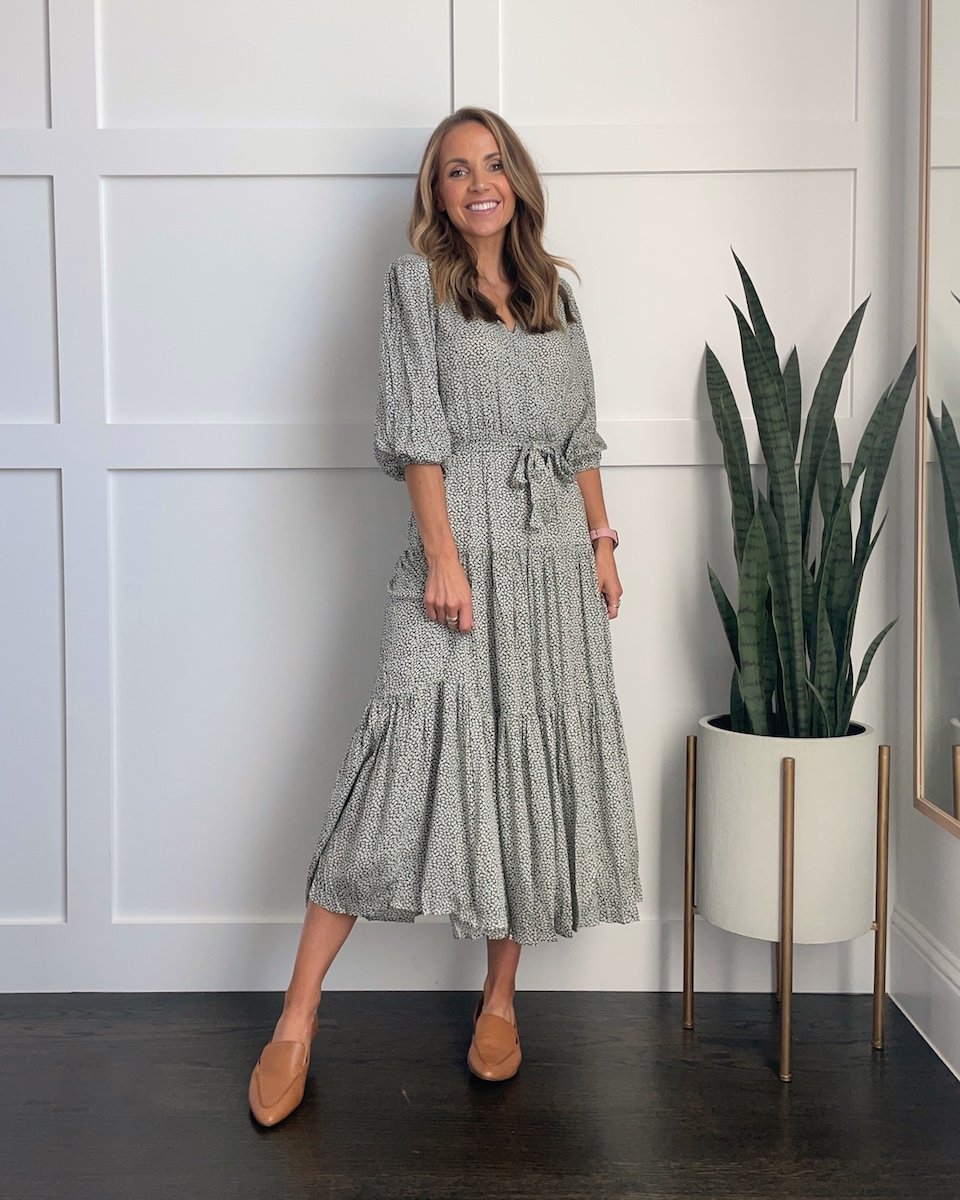 madewell loafers with petal and pup leaf green dress