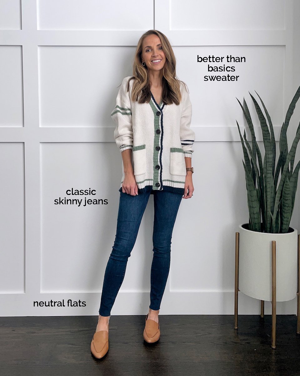 varsity cardigan and jeans