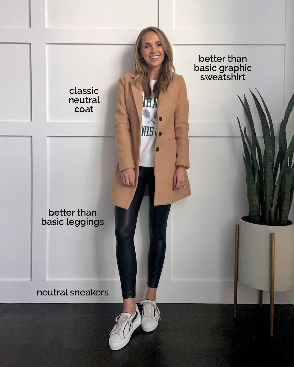 leather leggings graphic sweatshirt, coat