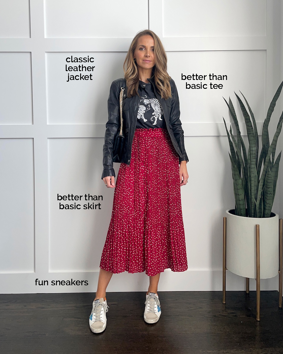 midi skirt graphic tee leather jacket