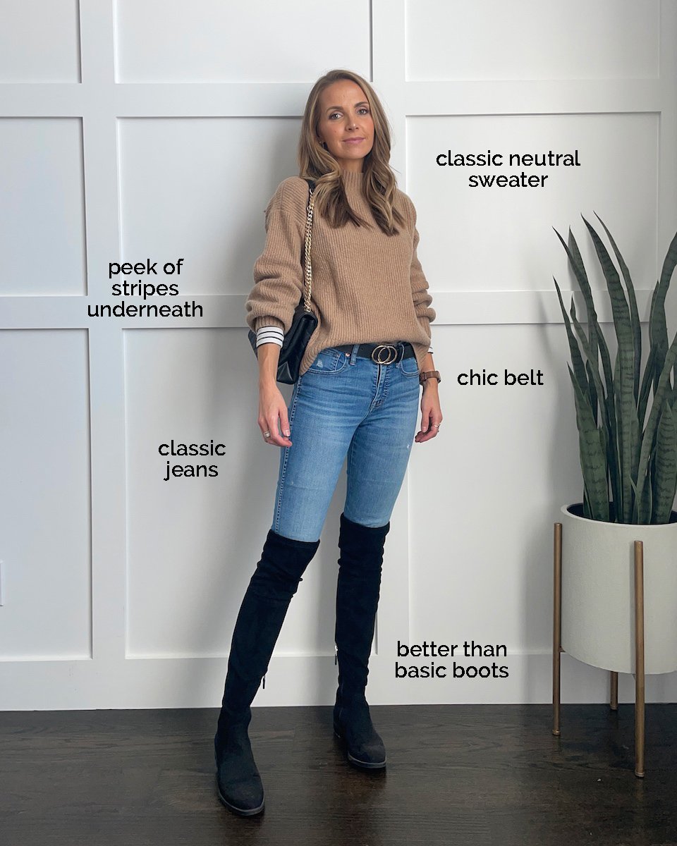 over the knee boots and tan sweater